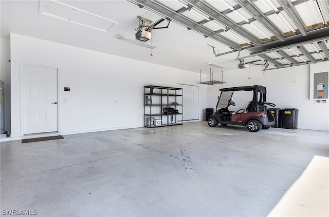 garage with electric panel, water heater, and a garage door opener