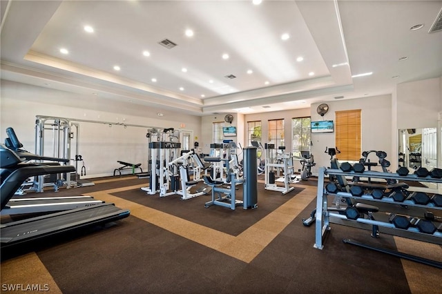 workout area featuring a raised ceiling