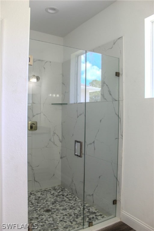 bathroom with a healthy amount of sunlight and a shower with door