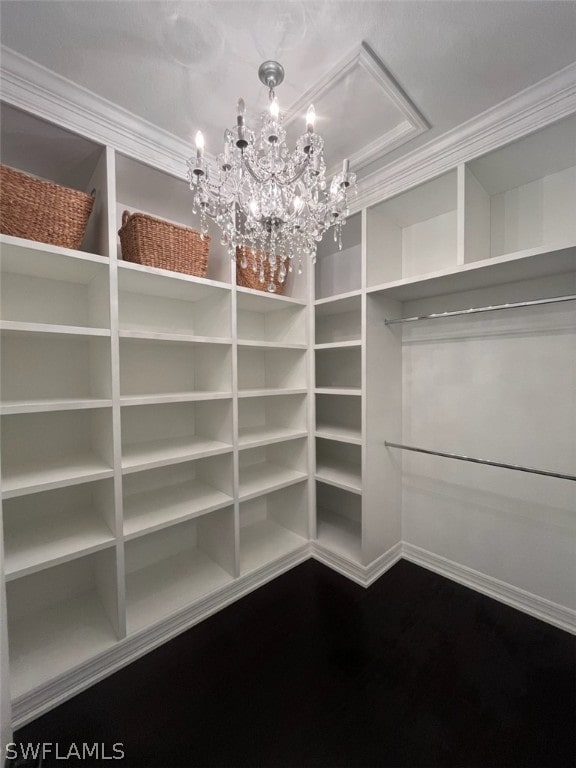 spacious closet with a chandelier