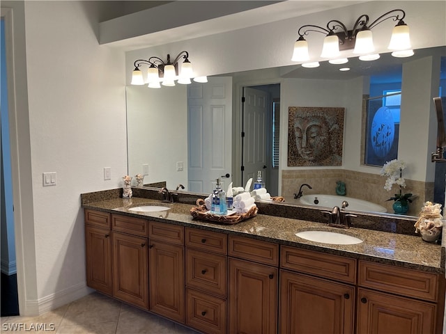 bathroom with tile patterned floors, vanity, and plus walk in shower