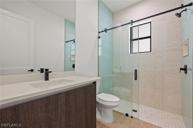 bathroom featuring vanity, toilet, and an enclosed shower