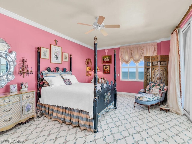 carpeted bedroom with ceiling fan, a water view, and crown molding