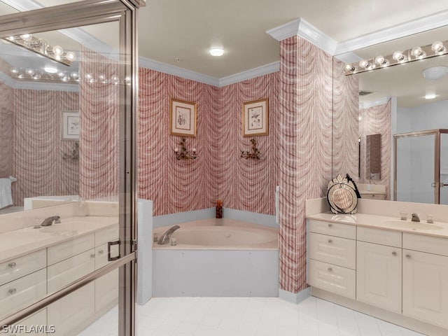 bathroom featuring vanity, shower with separate bathtub, and crown molding