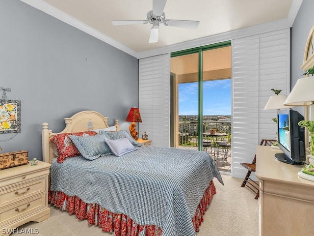 bedroom with ceiling fan, crown molding, access to outside, and light carpet