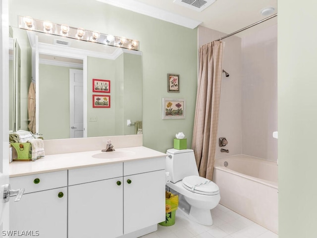 full bathroom with vanity, tile patterned flooring, shower / bathtub combination with curtain, and toilet