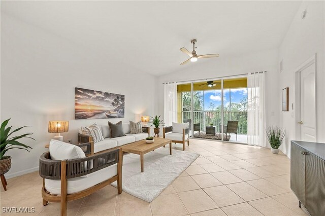 tiled living room with vaulted ceiling and ceiling fan