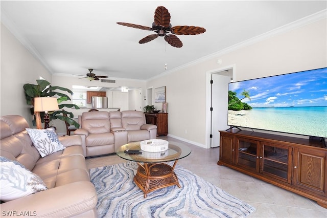 tiled living room with crown molding