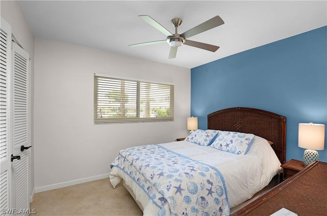 bedroom with ceiling fan and a closet