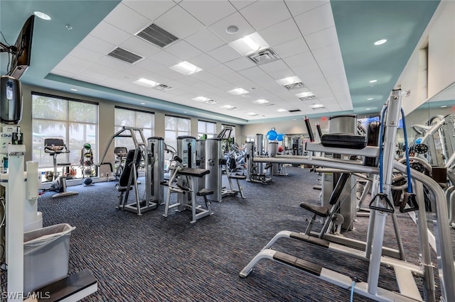 workout area featuring carpet flooring, a paneled ceiling, and plenty of natural light