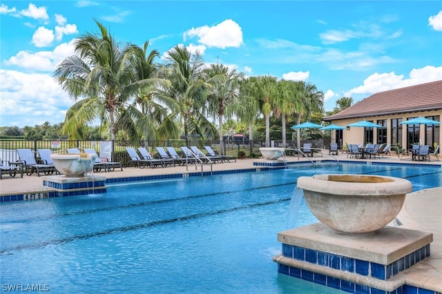 view of swimming pool featuring pool water feature and a patio area