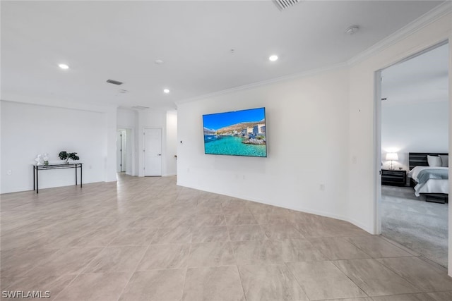 unfurnished living room with light tile patterned floors and ornamental molding