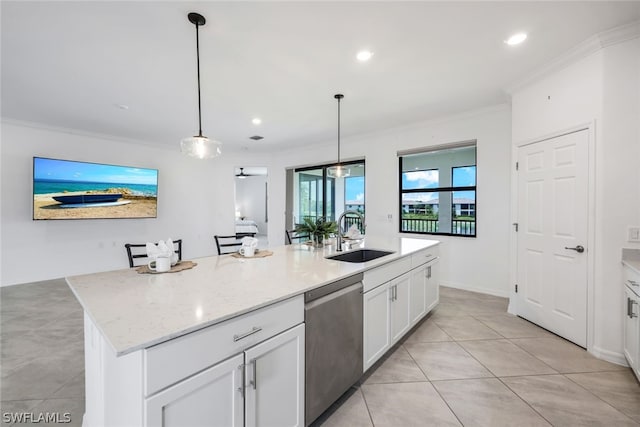 kitchen with dishwasher, a center island with sink, white cabinets, sink, and ceiling fan