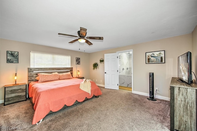 carpeted bedroom featuring ensuite bathroom and ceiling fan