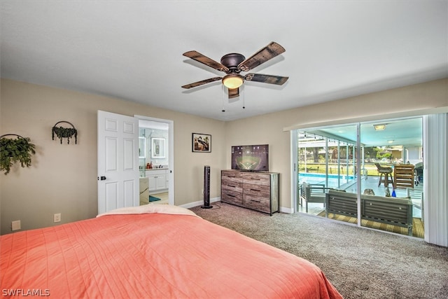 carpeted bedroom with access to exterior, connected bathroom, and ceiling fan