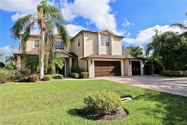 view of front of property featuring a garage and a front yard