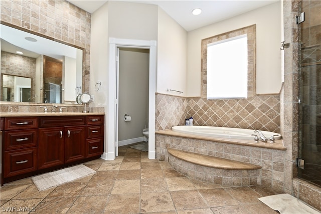 full bathroom with backsplash, vanity, toilet, and tile floors