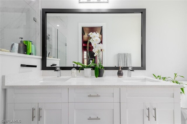 bathroom with vanity and a shower with shower door