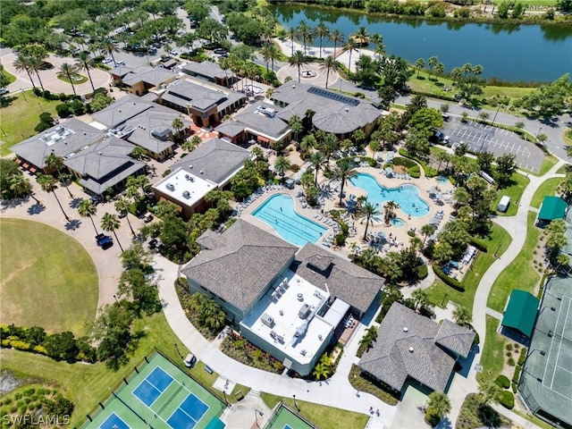 aerial view featuring a water view