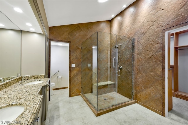 bathroom featuring vanity, an enclosed shower, and toilet