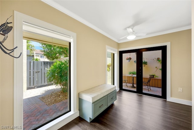 entryway with dark hardwood / wood-style flooring, plenty of natural light, and ornamental molding