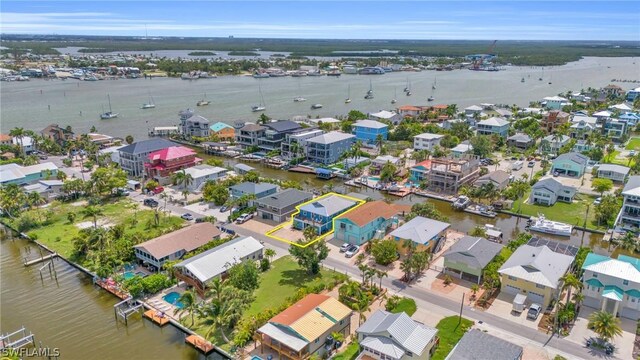 aerial view featuring a water view