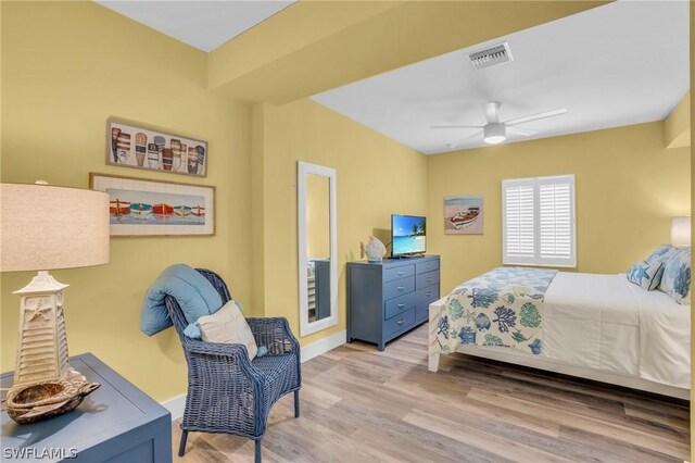 bedroom featuring ceiling fan and light wood-type flooring