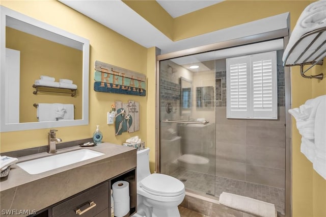 bathroom with vanity, an enclosed shower, and toilet