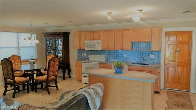 kitchen with light brown cabinets, sink, white appliances, and ornamental molding