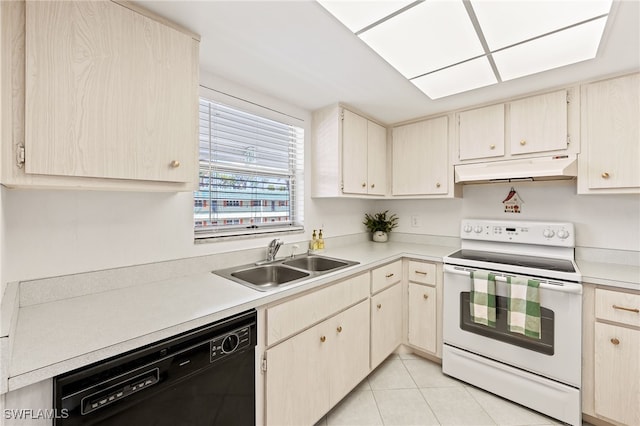 kitchen featuring white electric range, sink, a skylight, black dishwasher, and light tile patterned flooring