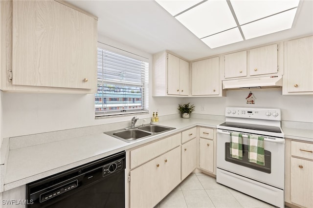 300 Valley Stream Dr Unit D7, Naples, FL 34113 - kitchen with white electric range, under cabinet range hood, dishwasher, light countertops, and light tile patterned flooring