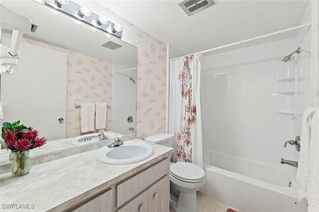 full bathroom with vanity, toilet, and shower / bathtub combination with curtain