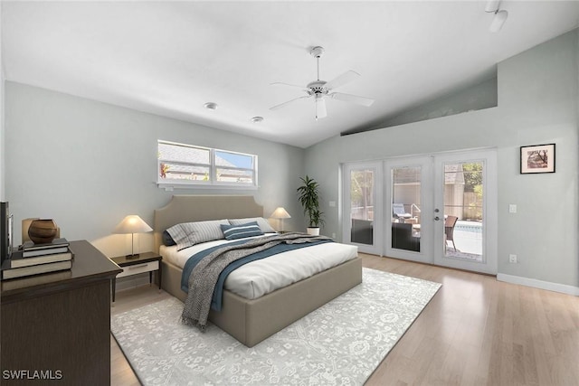 bedroom with lofted ceiling, light hardwood / wood-style flooring, ceiling fan, access to exterior, and french doors