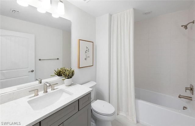 full bathroom featuring toilet, shower / tub combo, and vanity