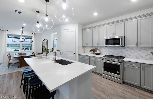 kitchen with sink, gray cabinets, an island with sink, and appliances with stainless steel finishes