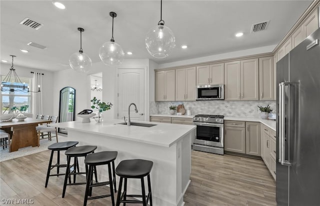 kitchen featuring stainless steel appliances, an inviting chandelier, sink, and a kitchen island with sink