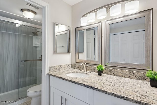 full bath featuring vanity, visible vents, a stall shower, tile patterned flooring, and toilet