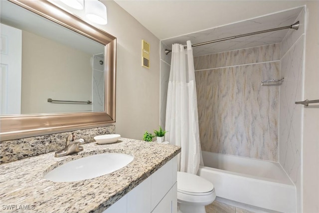 full bathroom featuring vanity, shower / bath combination with curtain, toilet, and visible vents