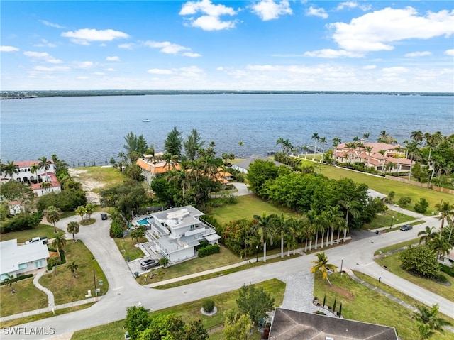 aerial view featuring a water view