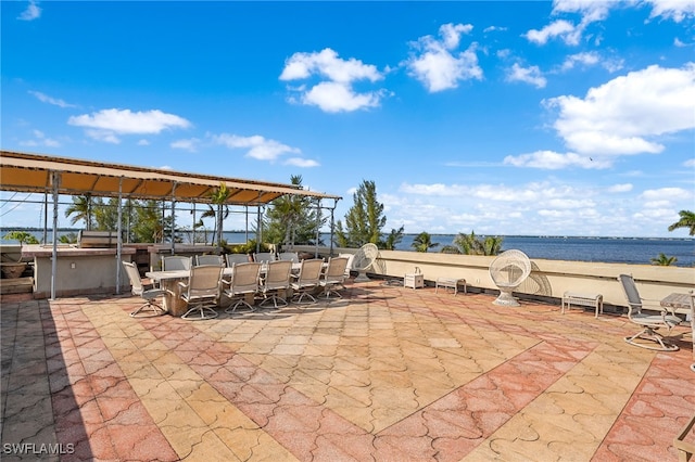 view of patio with a water view