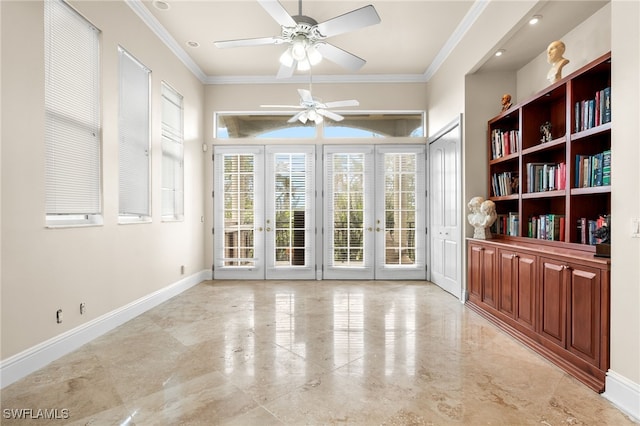 interior space featuring french doors, ceiling fan, and ornamental molding