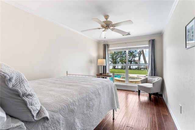 bedroom featuring crown molding, ceiling fan, and dark hardwood / wood-style floors