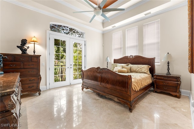 bedroom featuring ceiling fan, a tray ceiling, ornamental molding, access to outside, and french doors