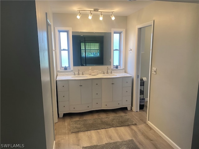 bathroom featuring a wealth of natural light, dual bowl vanity, wood-type flooring, and track lighting