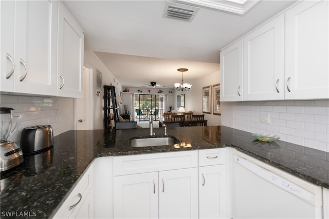 kitchen featuring dishwasher, ceiling fan, white cabinetry, and sink