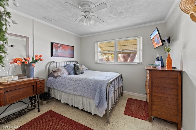 bedroom featuring ornamental molding, ceiling fan, and a textured ceiling