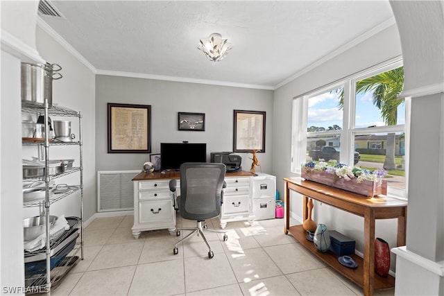 office area with ornamental molding and light tile floors