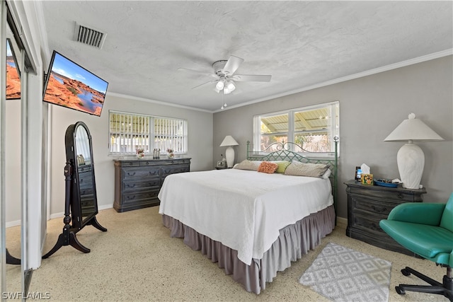 bedroom featuring ornamental molding, ceiling fan, and a textured ceiling