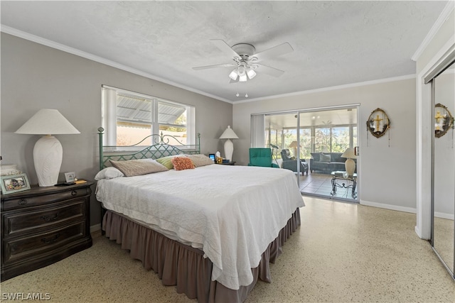 bedroom with ceiling fan, ornamental molding, a textured ceiling, and access to exterior