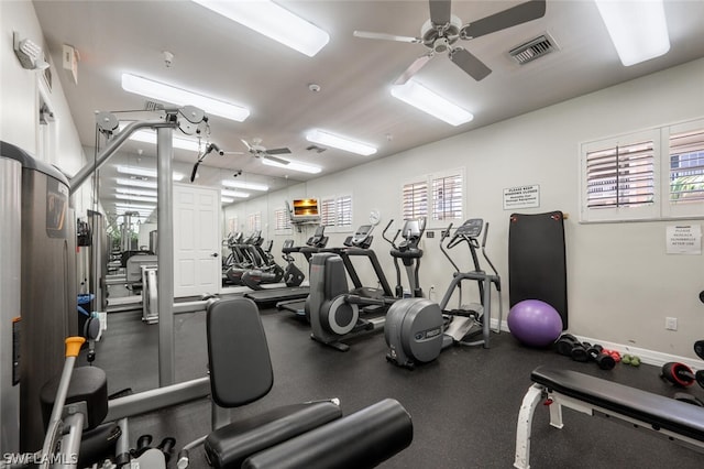 exercise room featuring ceiling fan